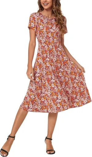 Urban CoCo Women's Floral Print Short Sleeve Flared Midi Dress