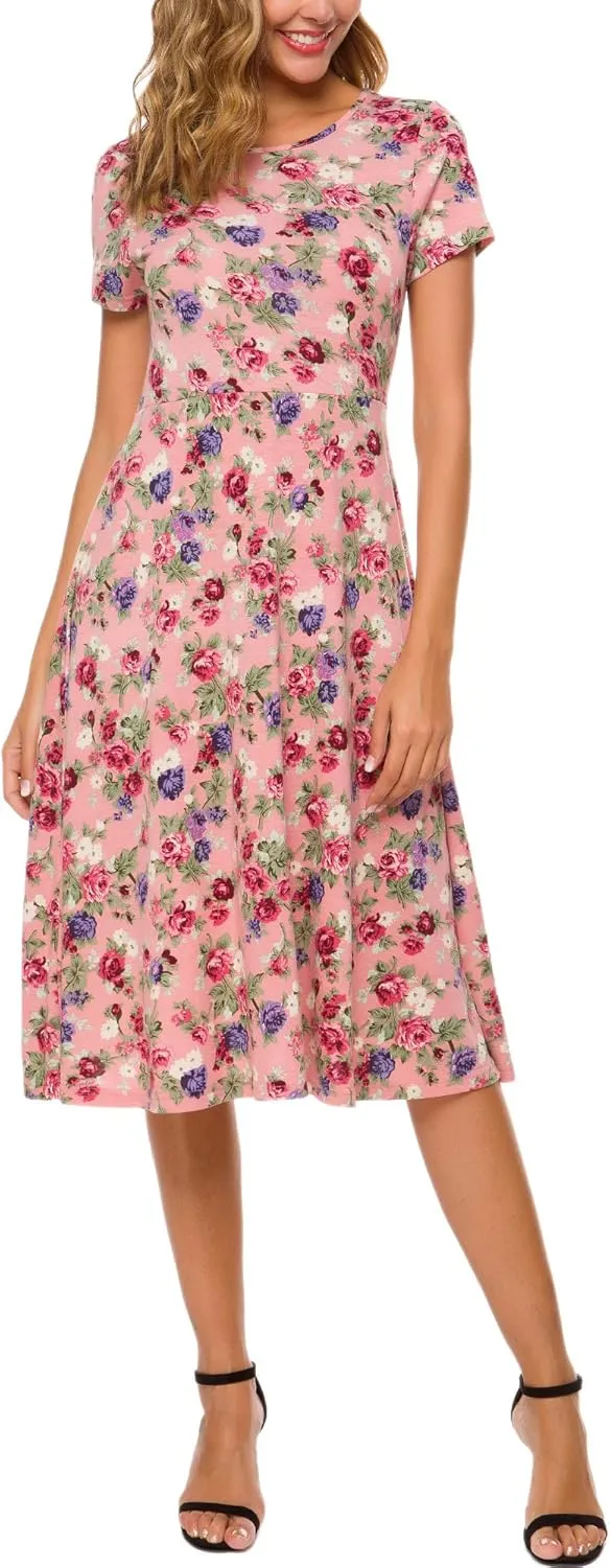 Urban CoCo Women's Floral Print Short Sleeve Flared Midi Dress