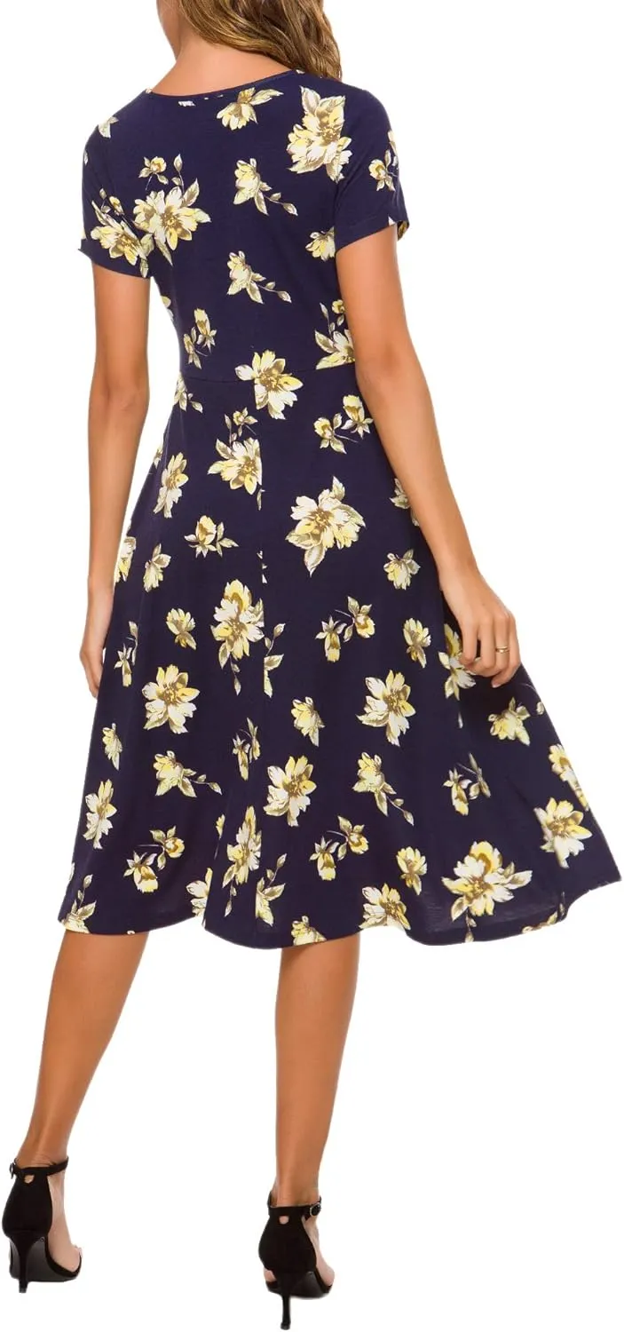 Urban CoCo Women's Floral Print Short Sleeve Flared Midi Dress