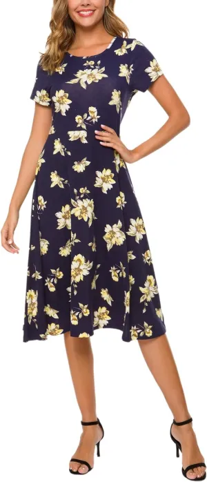Urban CoCo Women's Floral Print Short Sleeve Flared Midi Dress