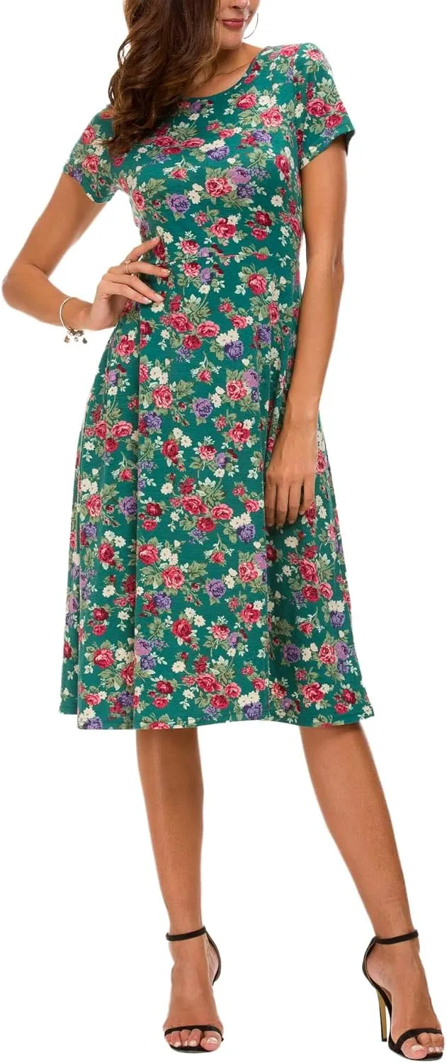 Urban CoCo Women's Floral Print Short Sleeve Flared Midi Dress