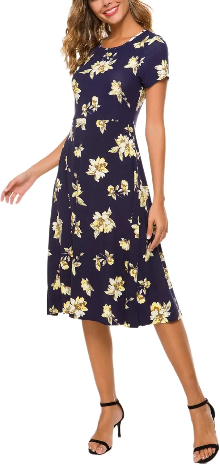 Urban CoCo Women's Floral Print Short Sleeve Flared Midi Dress