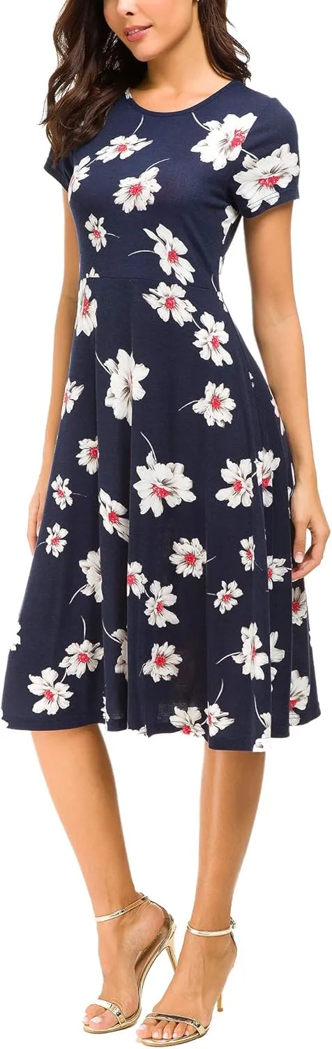 Urban CoCo Women's Floral Print Short Sleeve Flared Midi Dress