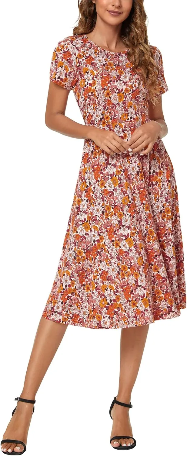 Urban CoCo Women's Floral Print Short Sleeve Flared Midi Dress