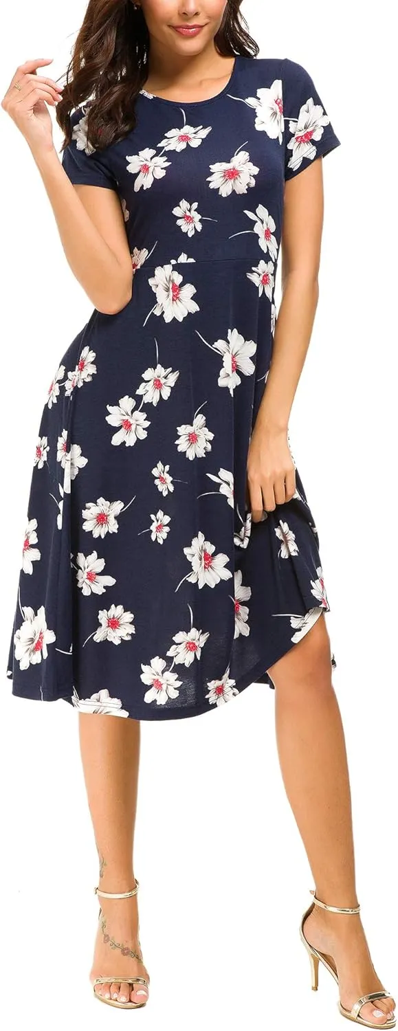 Urban CoCo Women's Floral Print Short Sleeve Flared Midi Dress