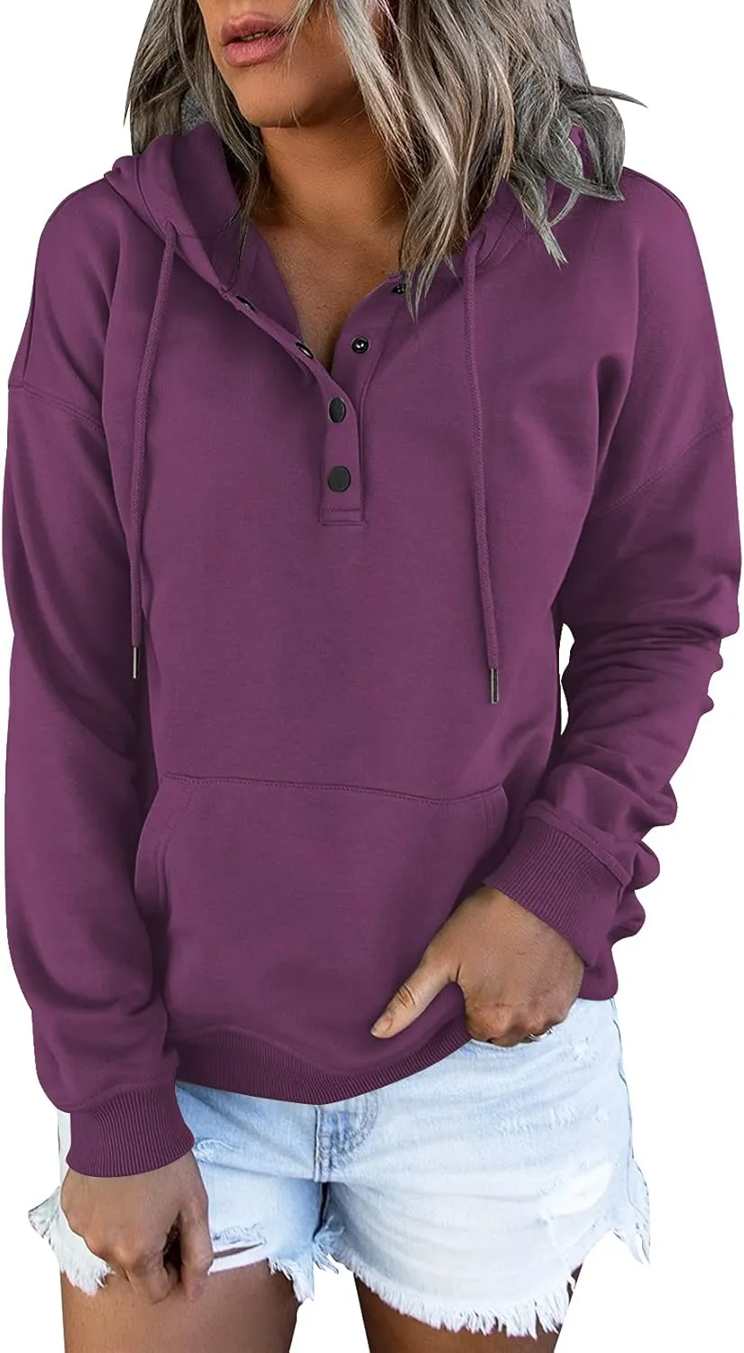 Vivitulip Women's Pullover Hoodies Tops Casual Button Down Long Sleeve Sweatshirts With Pocket
