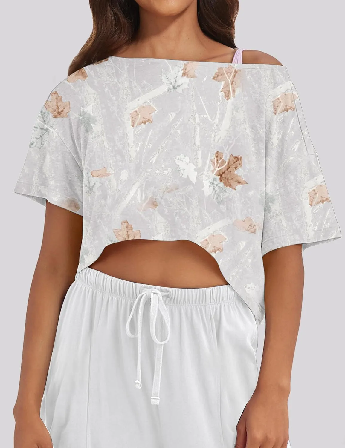 Women Camo Off The Shoulder Shirt Top Short Sleeve Boat Neck Athletic Workout Crop Tees Oversized T Shirts Summer