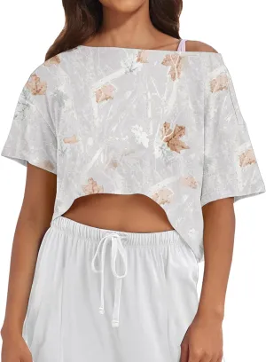 Women Camo Off The Shoulder Shirt Top Short Sleeve Boat Neck Athletic Workout Crop Tees Oversized T Shirts Summer