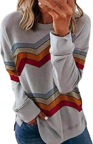Women Casual Crewneck Sweatshirts Plus Size Long Sleeve Color Block Side Split Lightweight Loose Pullover Blouse Tops