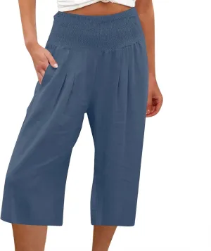 Women Cotton Linen Summer Casual Palazzo Pants Elastic Waisted Stretchy Straight Plus Size Palazzo Lounge