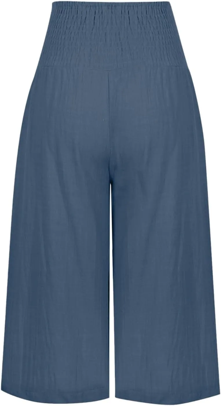 Women Cotton Linen Summer Casual Palazzo Pants Elastic Waisted Stretchy Straight Plus Size Palazzo Lounge