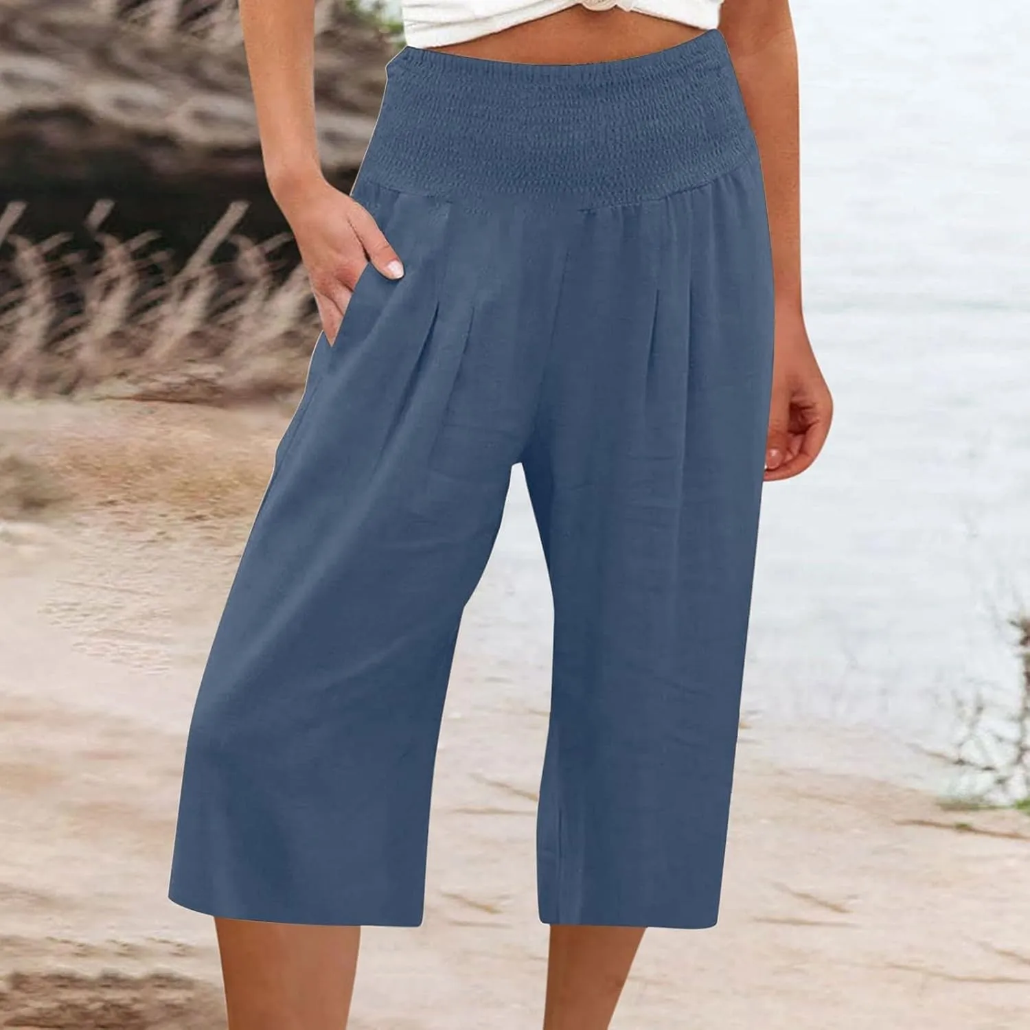 Women Cotton Linen Summer Casual Palazzo Pants Elastic Waisted Stretchy Straight Plus Size Palazzo Lounge