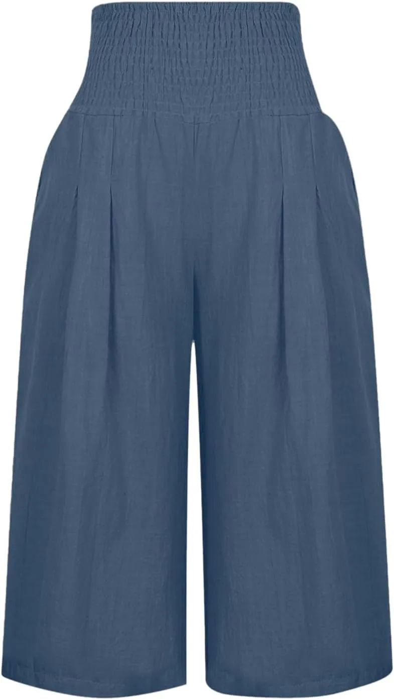 Women Cotton Linen Summer Casual Palazzo Pants Elastic Waisted Stretchy Straight Plus Size Palazzo Lounge