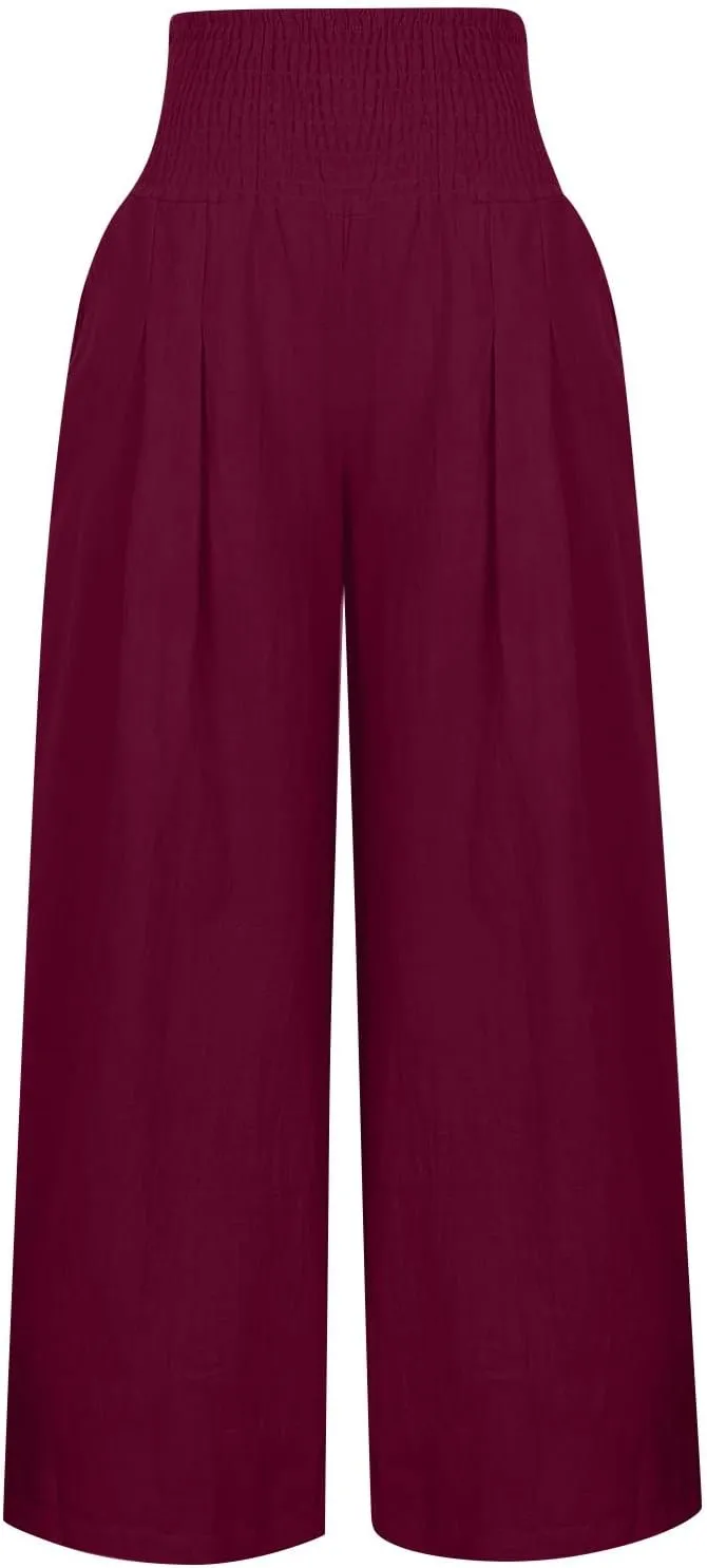 Women Cotton Linen Summer Striped Palazzo Lounge Pants Elastic Waist Stretchy Plus Size Trouser Trendy