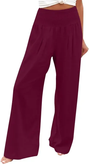 Women Cotton Linen Summer Striped Palazzo Lounge Pants Elastic Waist Stretchy Plus Size Trouser Trendy