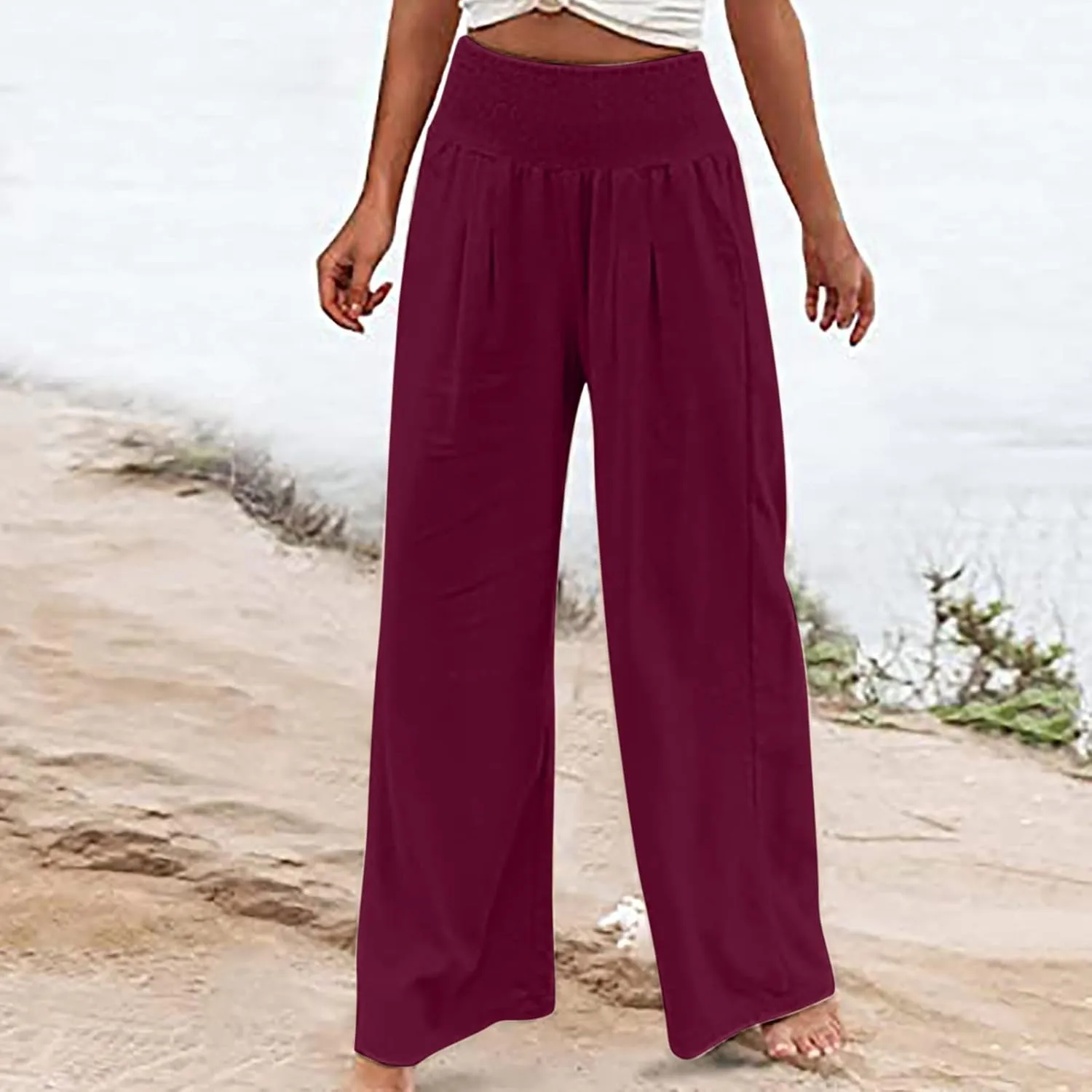 Women Cotton Linen Summer Striped Palazzo Lounge Pants Elastic Waist Stretchy Plus Size Trouser Trendy