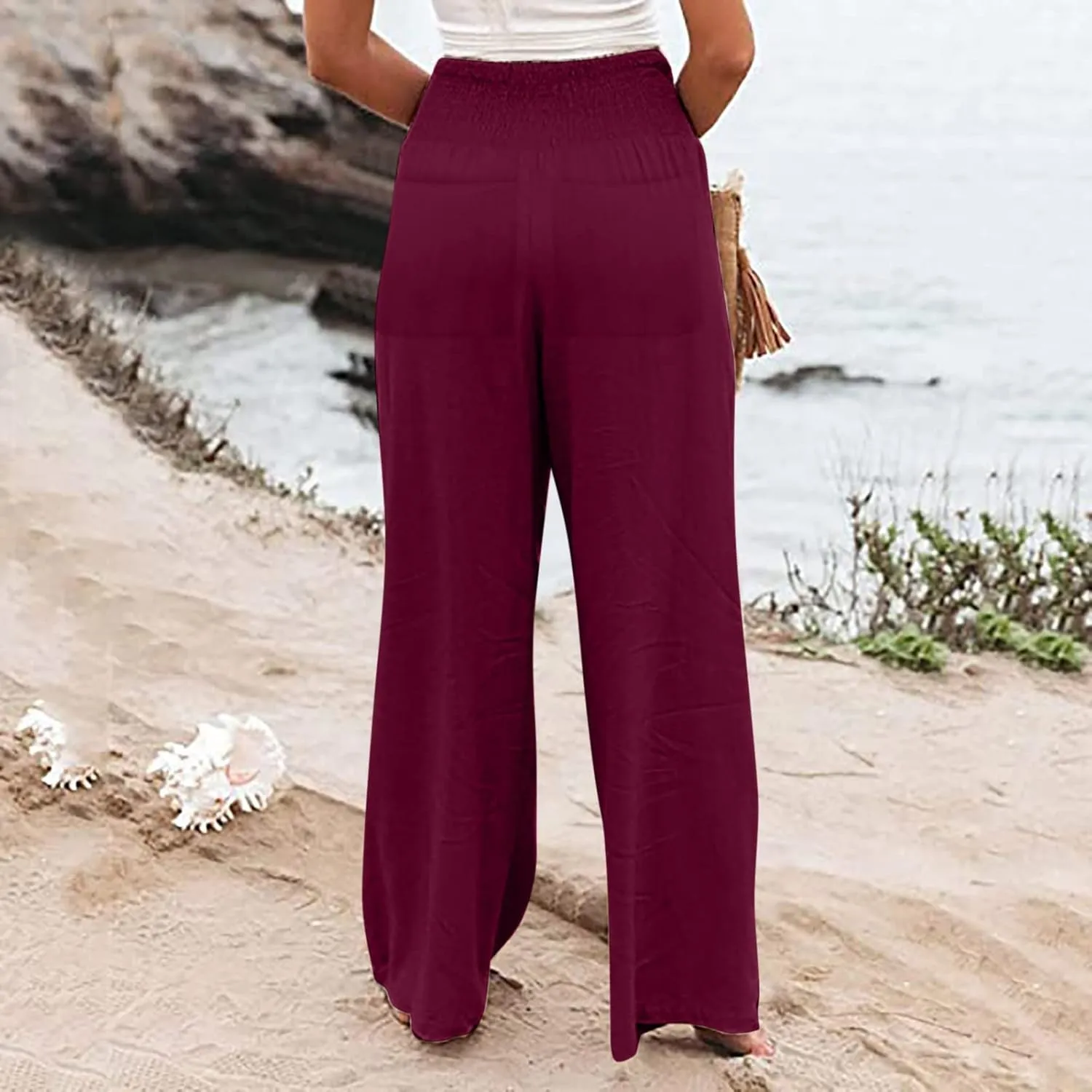 Women Cotton Linen Summer Striped Palazzo Lounge Pants Elastic Waist Stretchy Plus Size Trouser Trendy