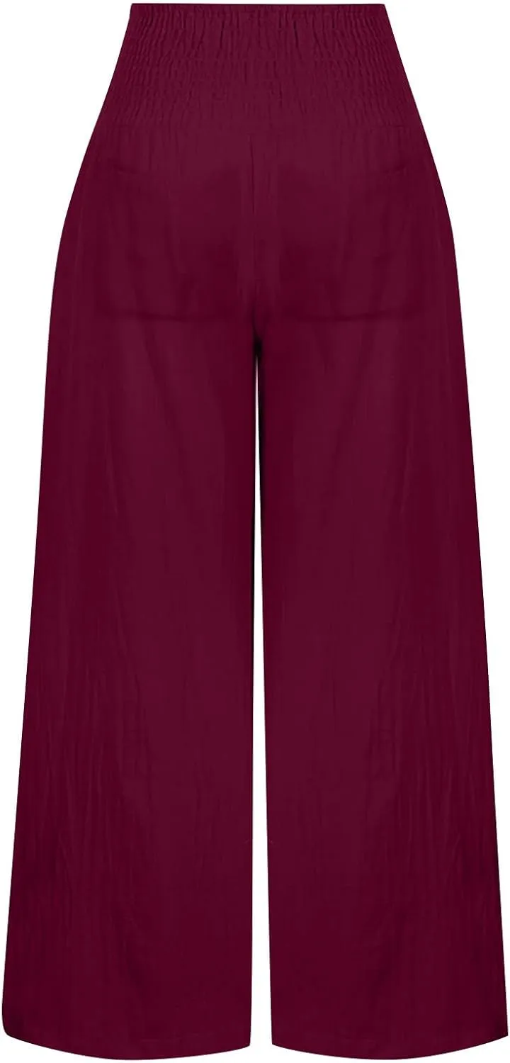 Women Cotton Linen Summer Striped Palazzo Lounge Pants Elastic Waist Stretchy Plus Size Trouser Trendy