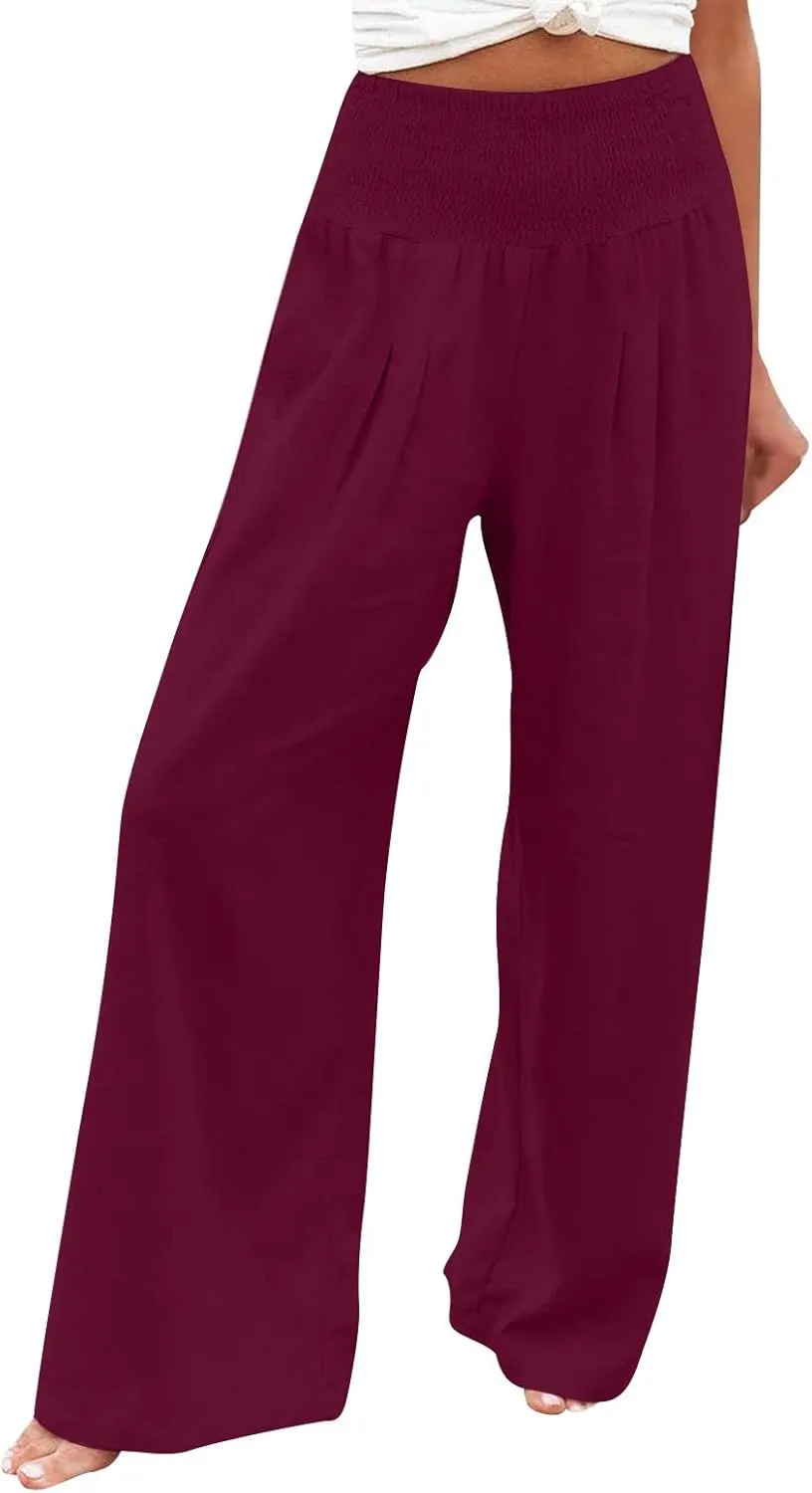 Women Cotton Linen Summer Striped Palazzo Lounge Pants Elastic Waist Stretchy Plus Size Trouser Trendy