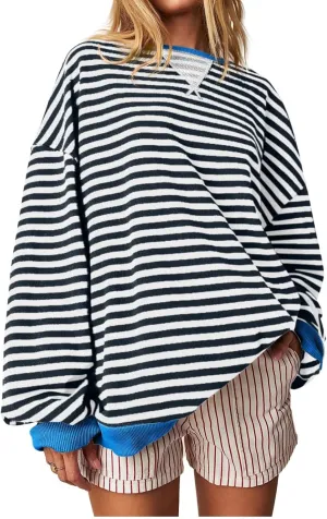 Women Free Crew Neck Sweatshirts Women Classic Striped Oversized Crewneck Long Sleeve Casual Sweatshirt Loose
