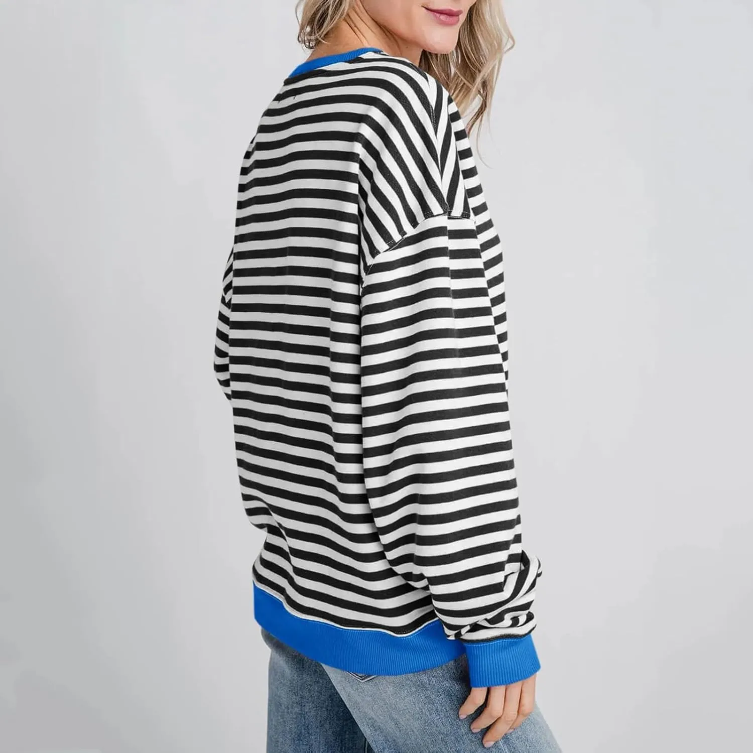 Women Free Crew Neck Sweatshirts Women Classic Striped Oversized Crewneck Long Sleeve Casual Sweatshirt Loose