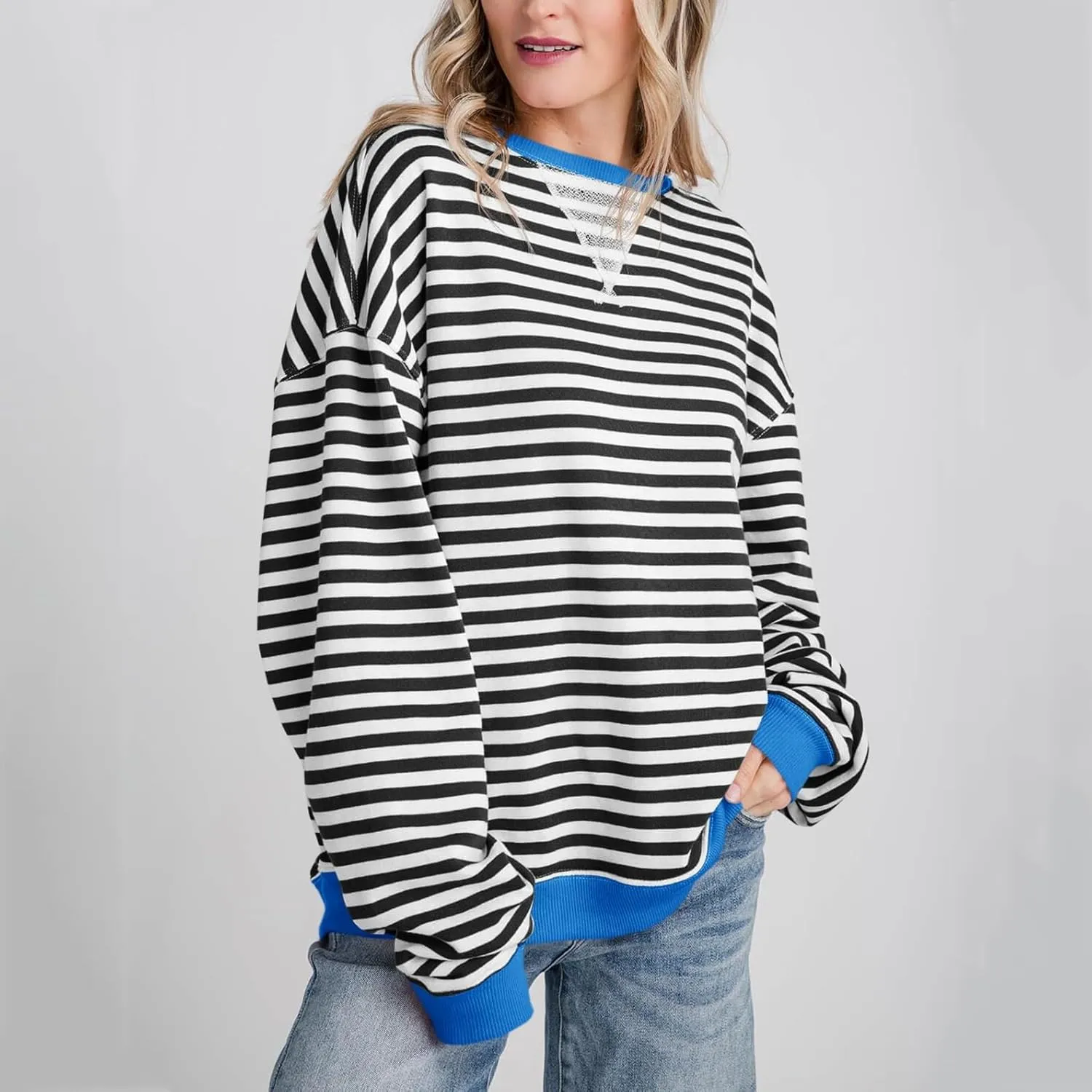 Women Free Crew Neck Sweatshirts Women Classic Striped Oversized Crewneck Long Sleeve Casual Sweatshirt Loose