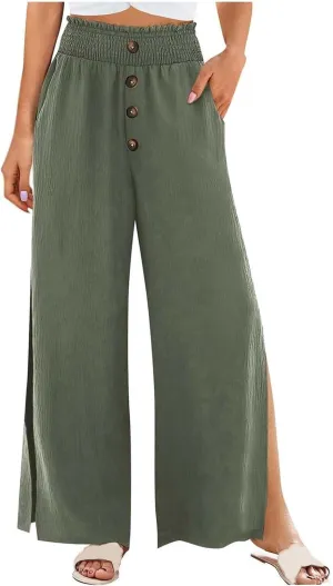 Women High Waist Button Wide Leg Pants with Pocket Split Trousers Solid Colour Vintage Fashion Boho Casual Pant