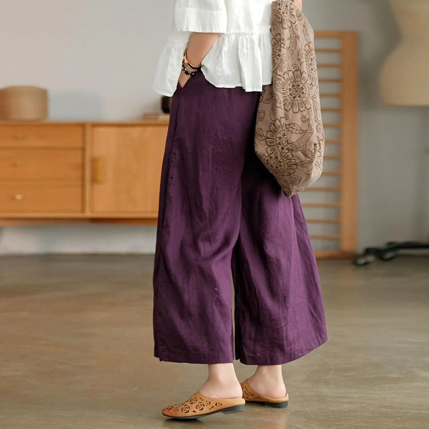 Women Linen Blend Summer Floral Pant Trousers Low Waist Baggy Stretchy Slim-Fit Pants Beach