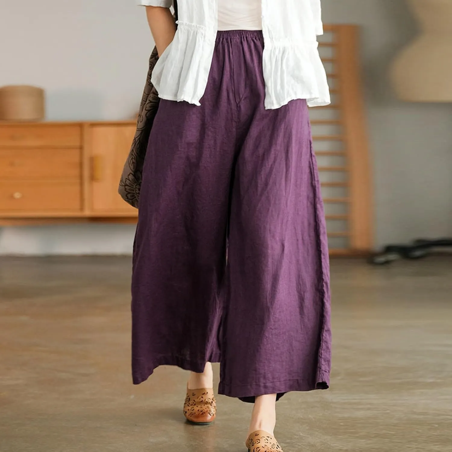 Women Linen Blend Summer Floral Pant Trousers Low Waist Baggy Stretchy Slim-Fit Pants Beach