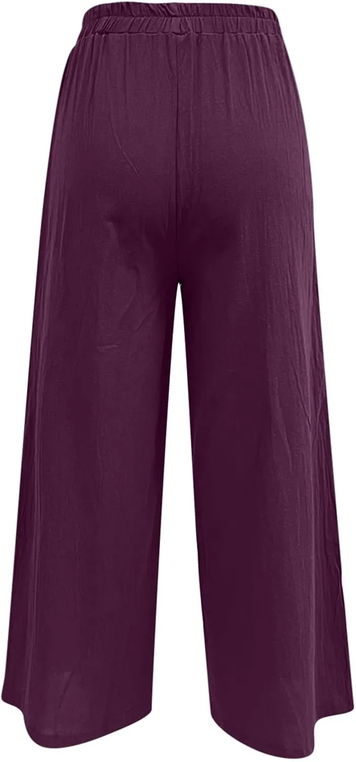 Women Linen Blend Summer Floral Pant Trousers Low Waist Baggy Stretchy Slim-Fit Pants Beach