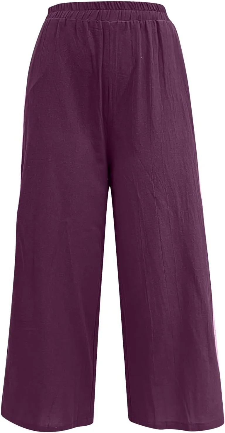 Women Linen Blend Summer Floral Pant Trousers Low Waist Baggy Stretchy Slim-Fit Pants Beach