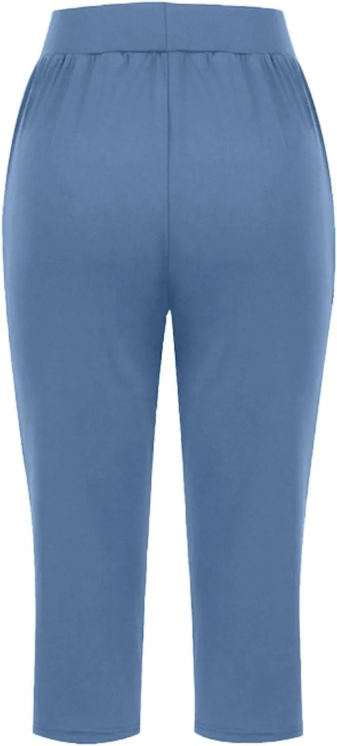 Women Linen Summer Baggy Palazzo Pants Elastic Waist Baggy Stretchy Slim-Fit Pant Trousers Work Business