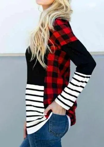 Women Plaid Splicing Striped Long Sleeve T shirt