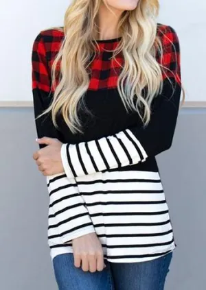 Women Plaid Splicing Striped Long Sleeve T shirt