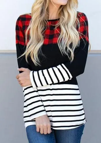 Women Plaid Splicing Striped Long Sleeve T shirt