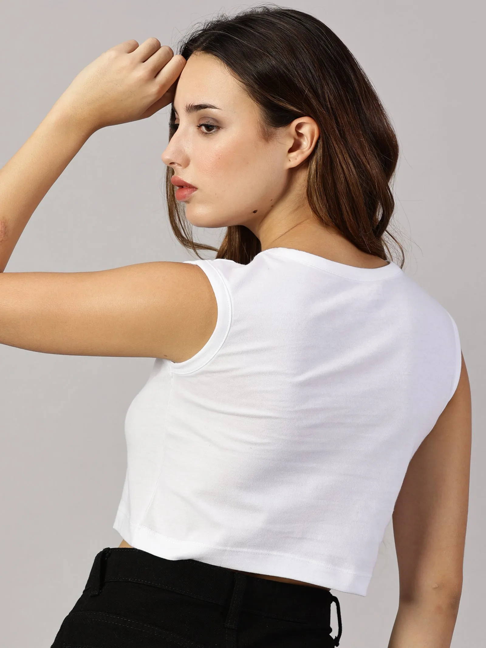Women Solid Casual Crop Tops Sleeveless