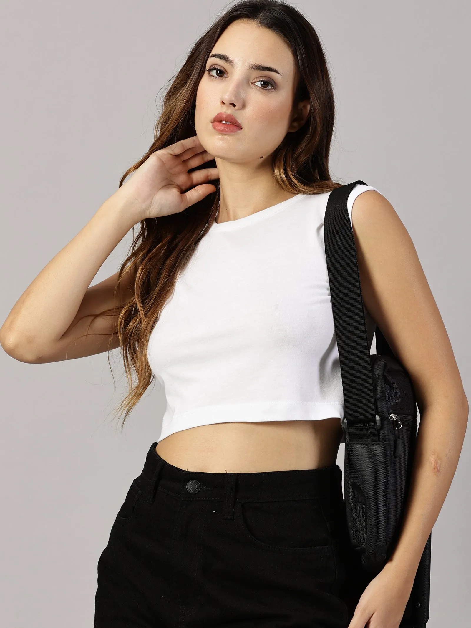 Women Solid Casual Crop Tops Sleeveless