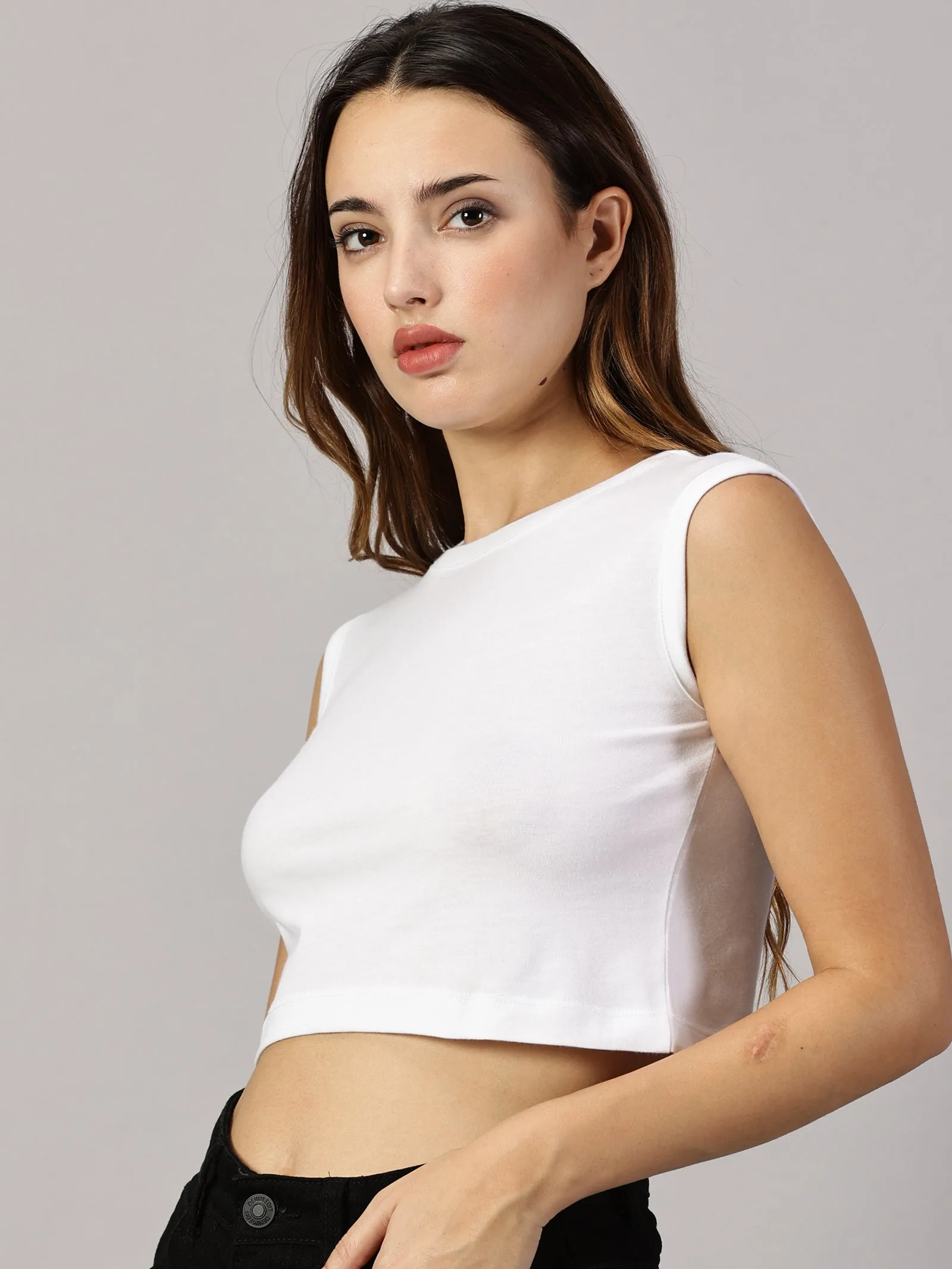 Women Solid Casual Crop Tops Sleeveless