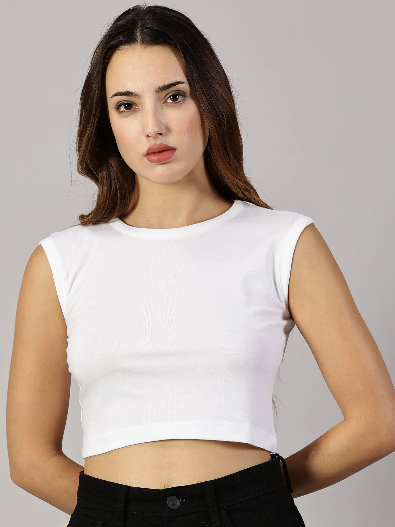 Women Solid Casual Crop Tops Sleeveless