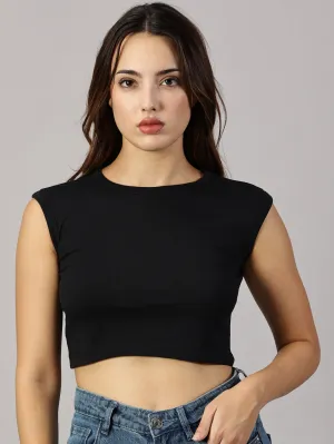 Women Solid Casual Crop Tops Sleeveless