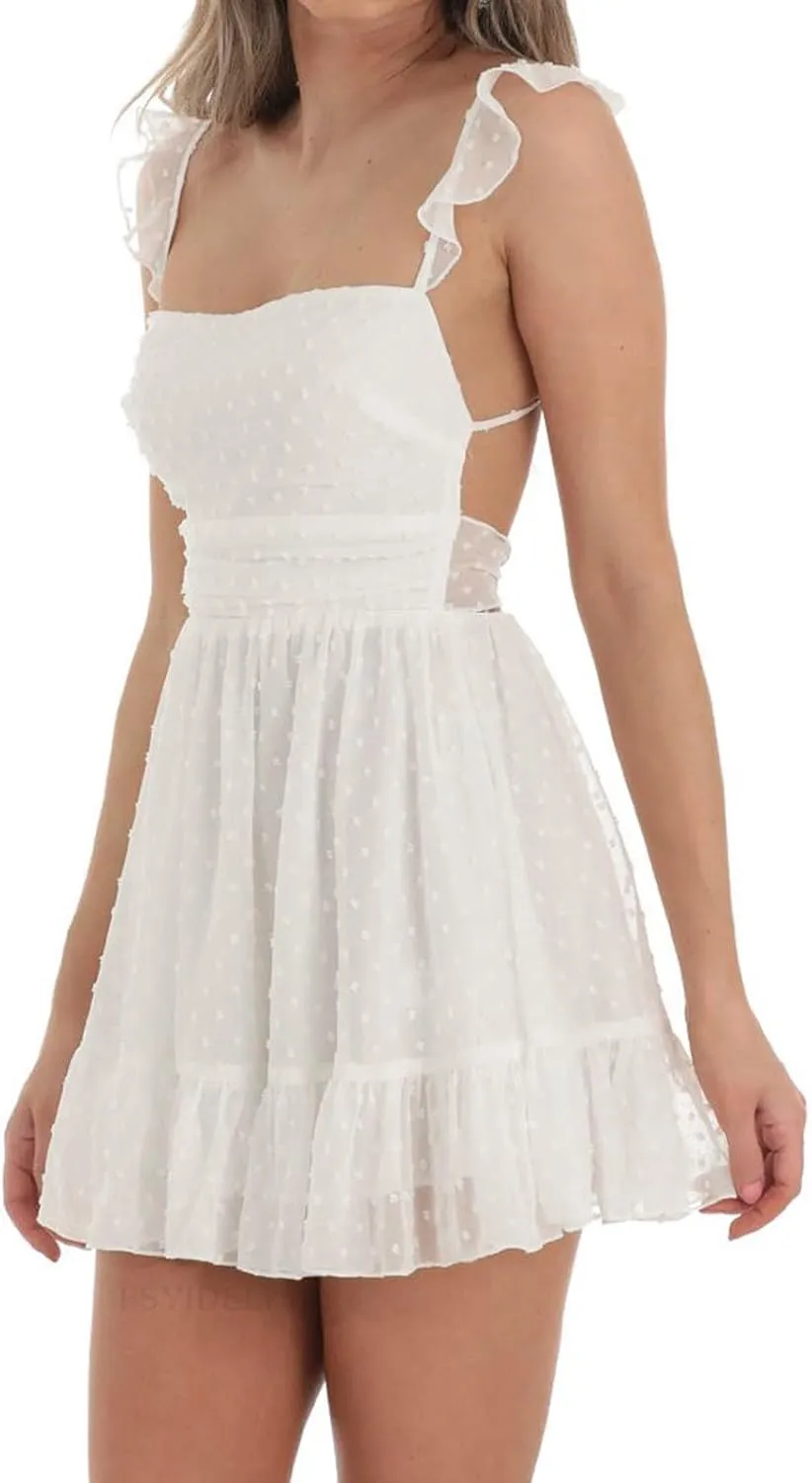 Women Spaghetti Strap Mini Dress Low Cut Sleeveeless Short Dress Backless Going Out Ruffle Cute Winter Dresses