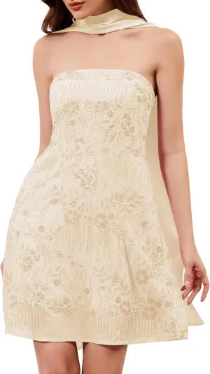 Women Strapless Sequin Mini Dress with Scarf Summer Formal Homecoming Cocktail Tube Floral Short Dress