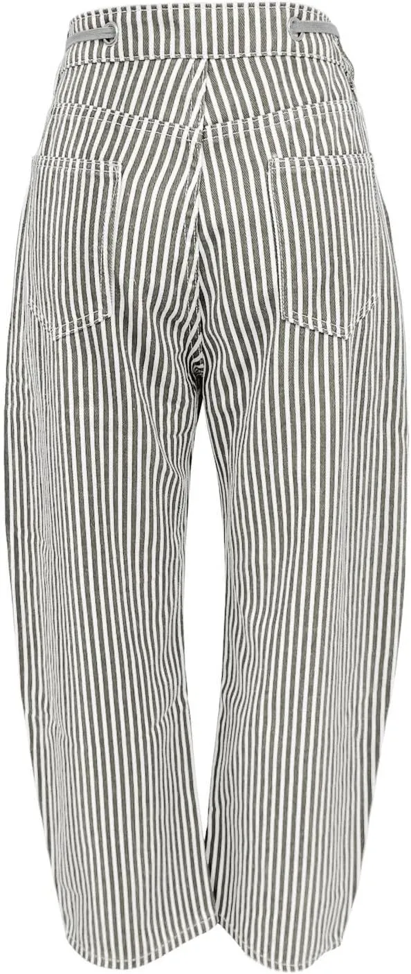 Womens Baggy Barrel Horseshoe Jeans Wide Leg Drawstring Vintage Denim Pants Striped Patchwork Tie Waist Jeans