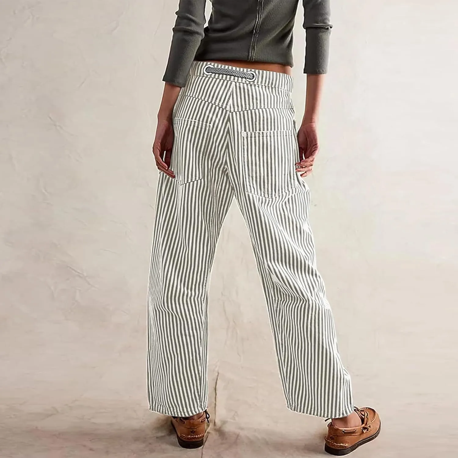 Womens Baggy Barrel Horseshoe Jeans Wide Leg Drawstring Vintage Denim Pants Striped Patchwork Tie Waist Jeans