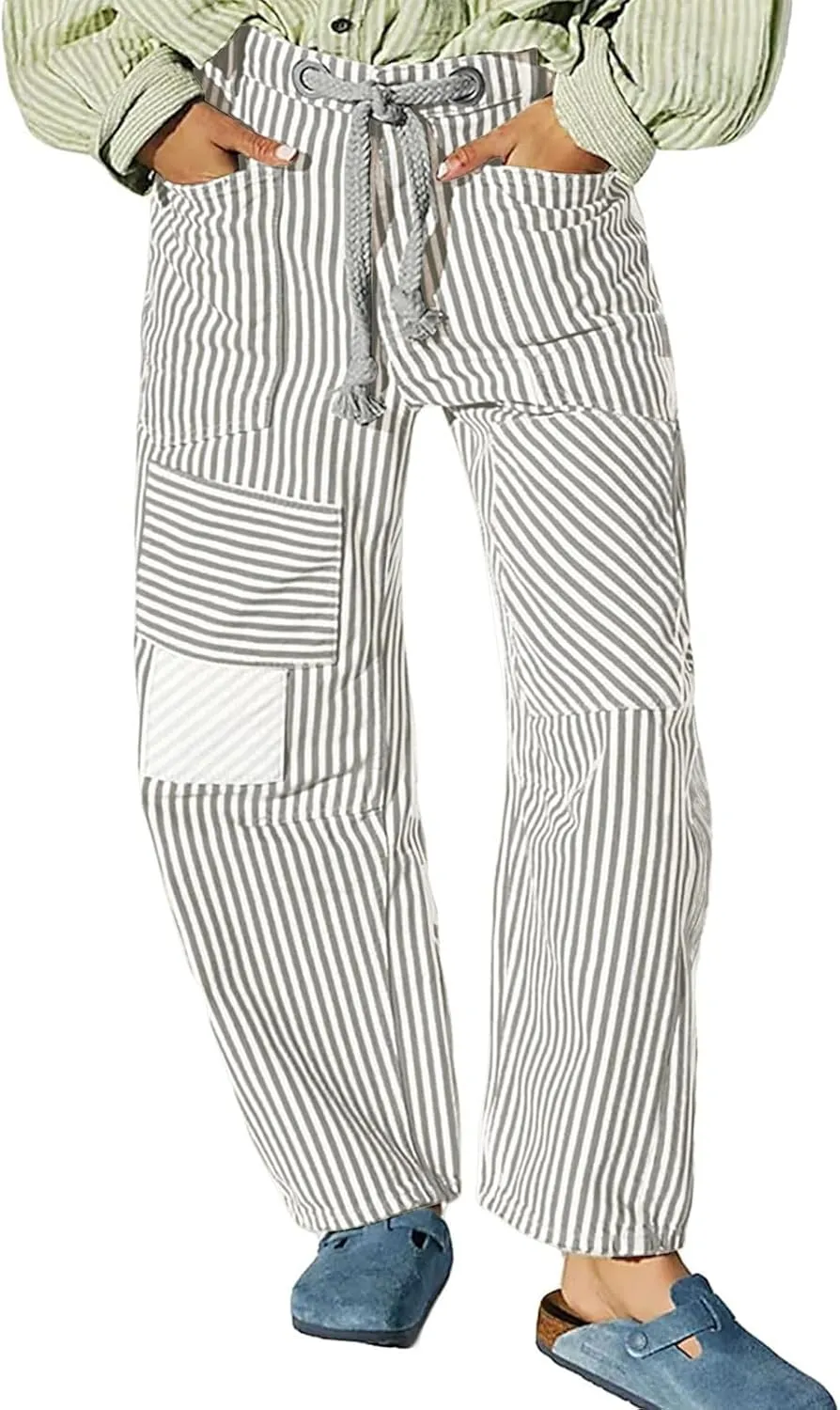 Womens Baggy Barrel Horseshoe Jeans Wide Leg Drawstring Vintage Denim Pants Striped Patchwork Tie Waist Jeans