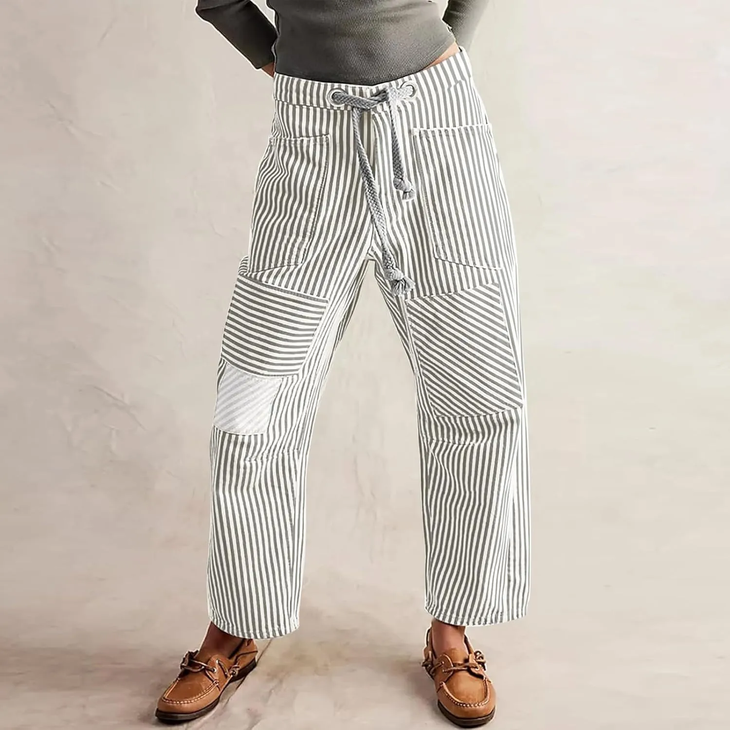 Womens Baggy Barrel Horseshoe Jeans Wide Leg Drawstring Vintage Denim Pants Striped Patchwork Tie Waist Jeans