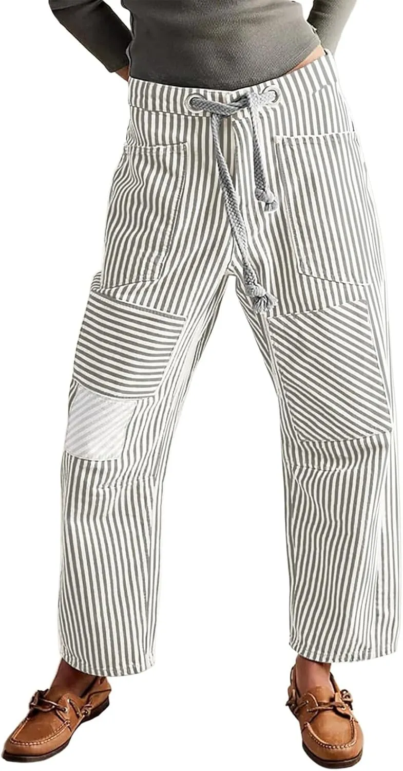 Womens Baggy Barrel Horseshoe Jeans Wide Leg Drawstring Vintage Denim Pants Striped Patchwork Tie Waist Jeans