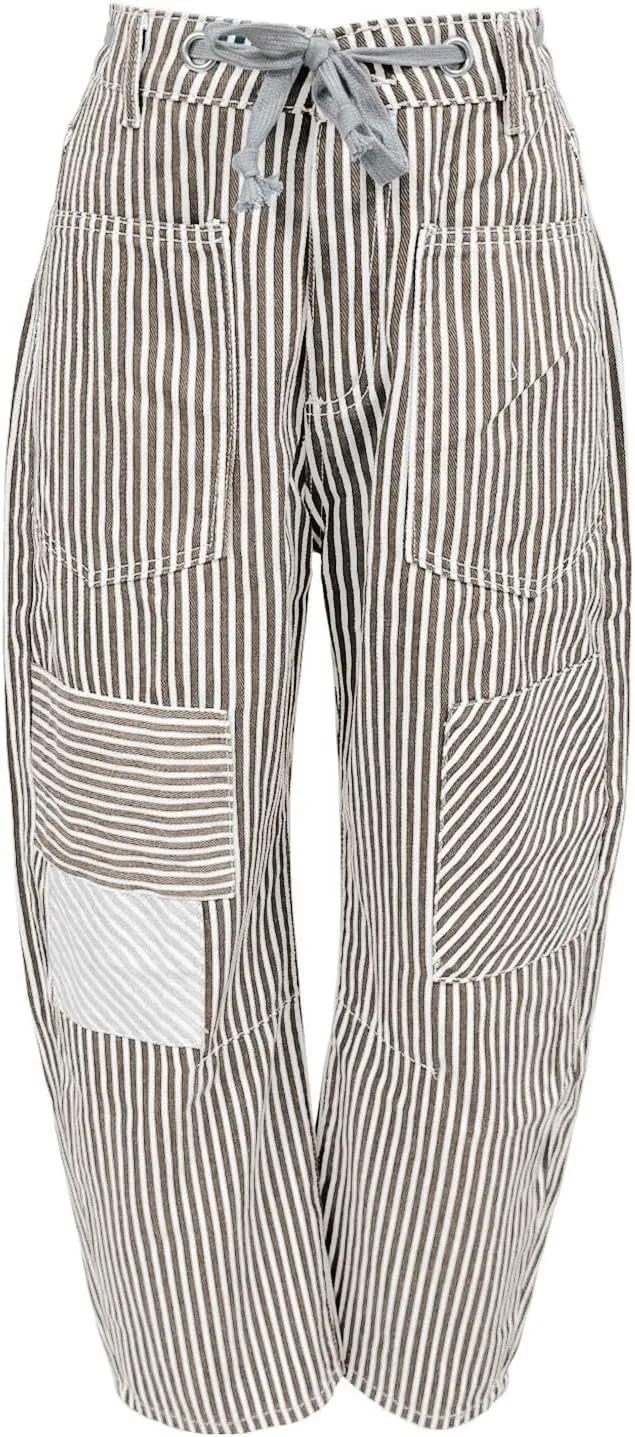 Womens Baggy Barrel Horseshoe Jeans Wide Leg Drawstring Vintage Denim Pants Striped Patchwork Tie Waist Jeans