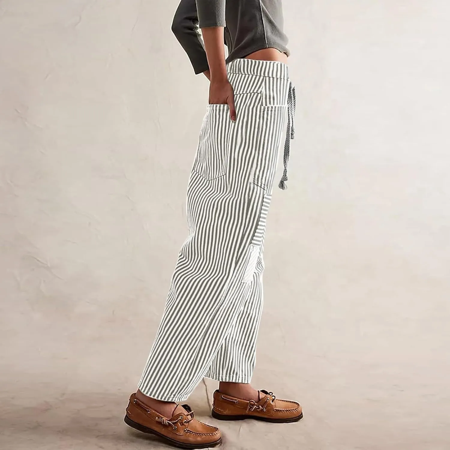Womens Baggy Barrel Horseshoe Jeans Wide Leg Drawstring Vintage Denim Pants Striped Patchwork Tie Waist Jeans