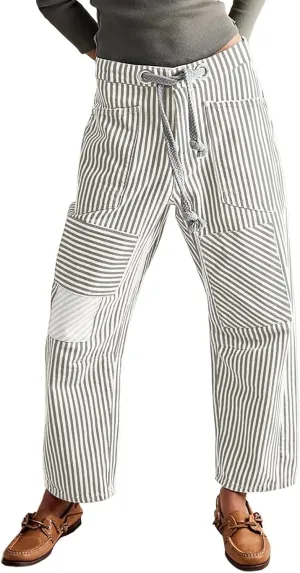 Womens Baggy Barrel Horseshoe Jeans Wide Leg Drawstring Vintage Denim Pants Striped Patchwork Tie Waist Jeans